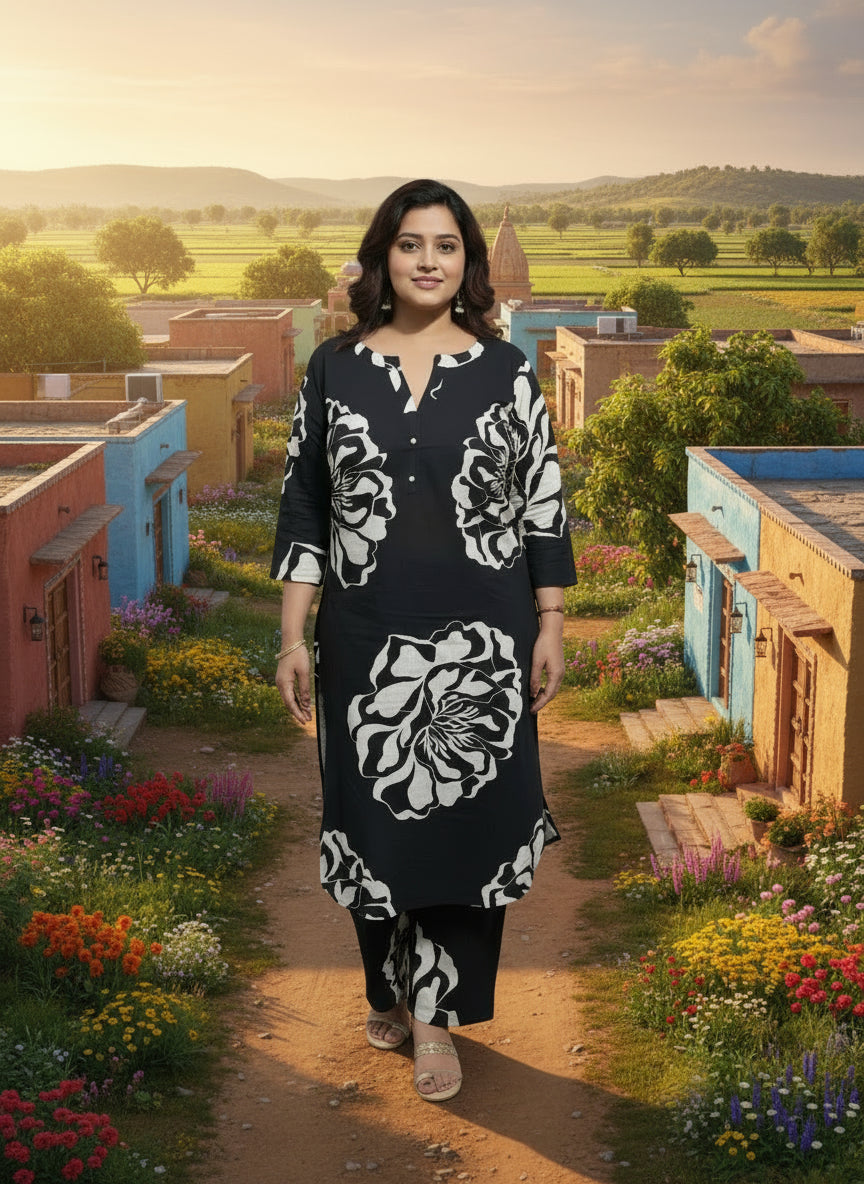 Woman in a black and white patterned outfit standing in front of an elevator.