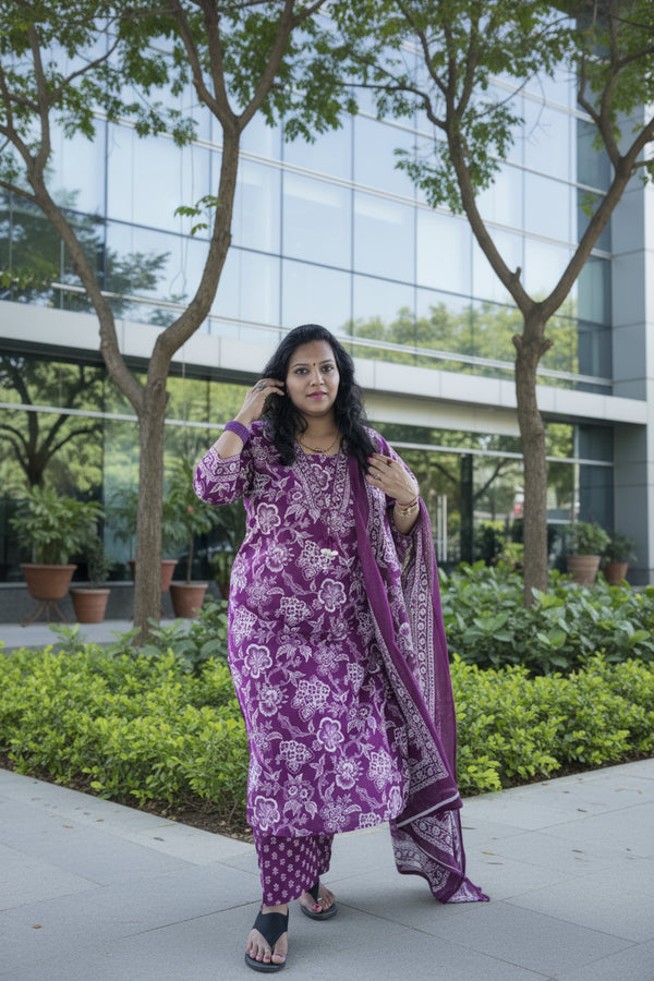 Woman in a pink traditional outfit standing outdoors with greenery in the background