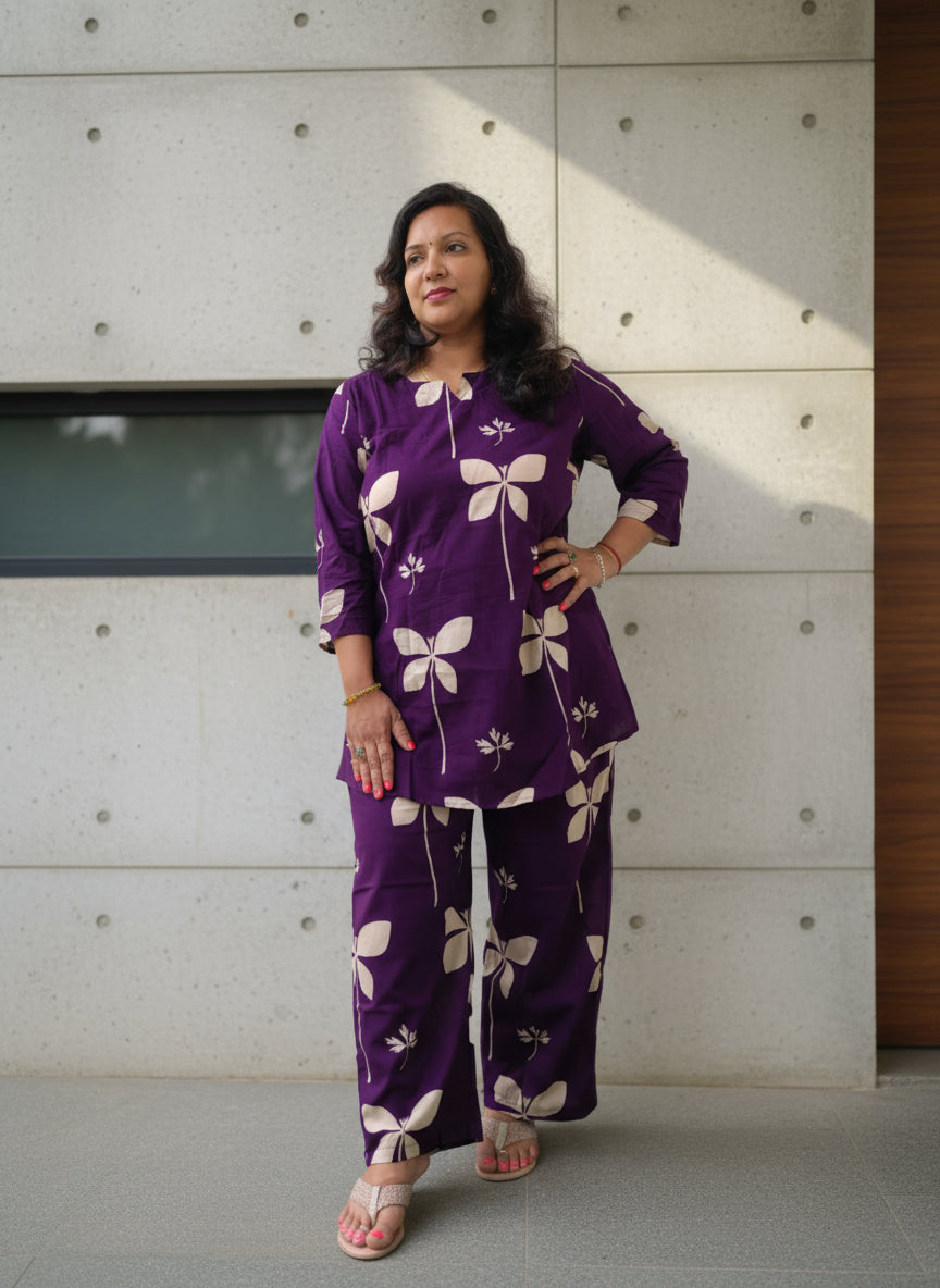 Person wearing a purple floral outfit standing indoors with a green carpeted floor.
