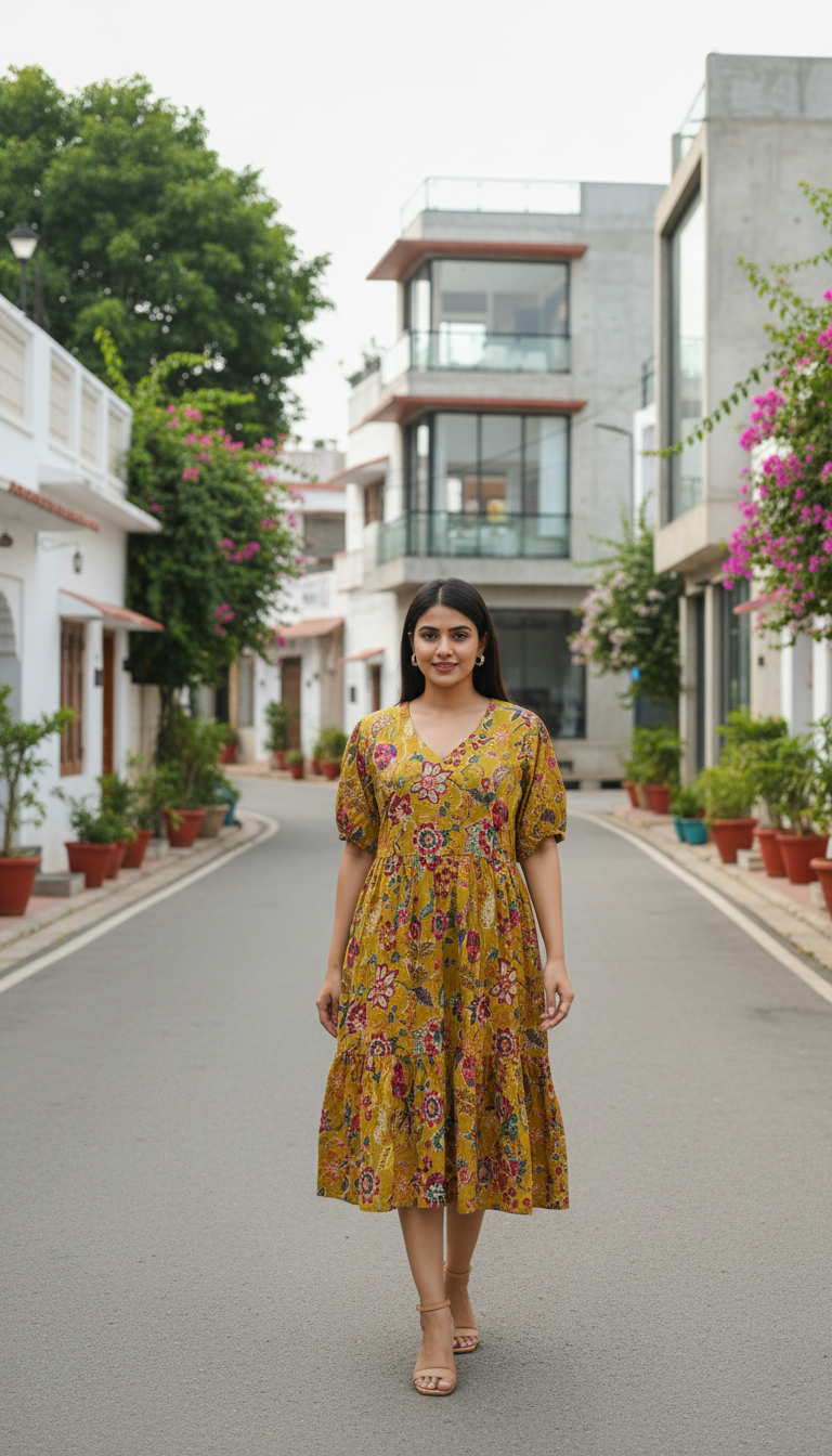 Women’s Cotton Midi Dress – Stylish Printed Casual Dress