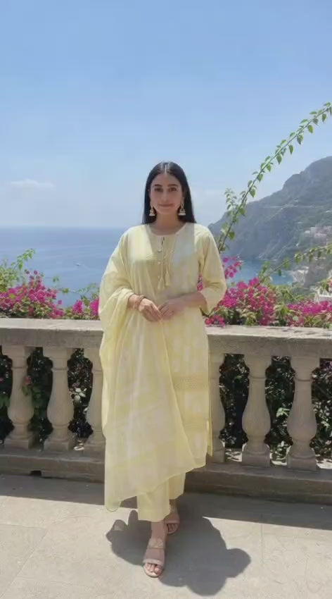 Elegant Yellow Cotton Kurti Set with Pant & Dupatta