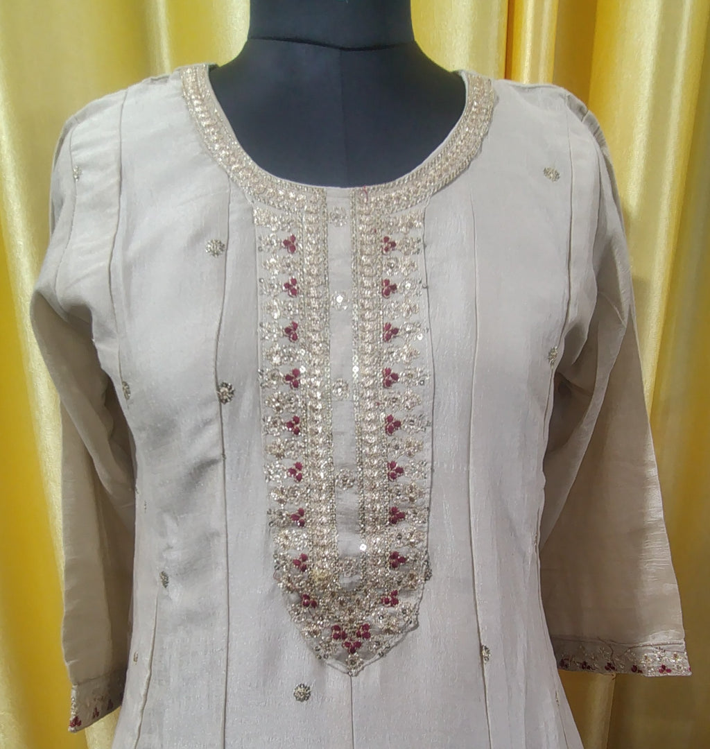 Women Cream A-Line Kurti Set Vichitra Silk with Embroidered Pant & Dupatta Festive Wear | Kushi Creation