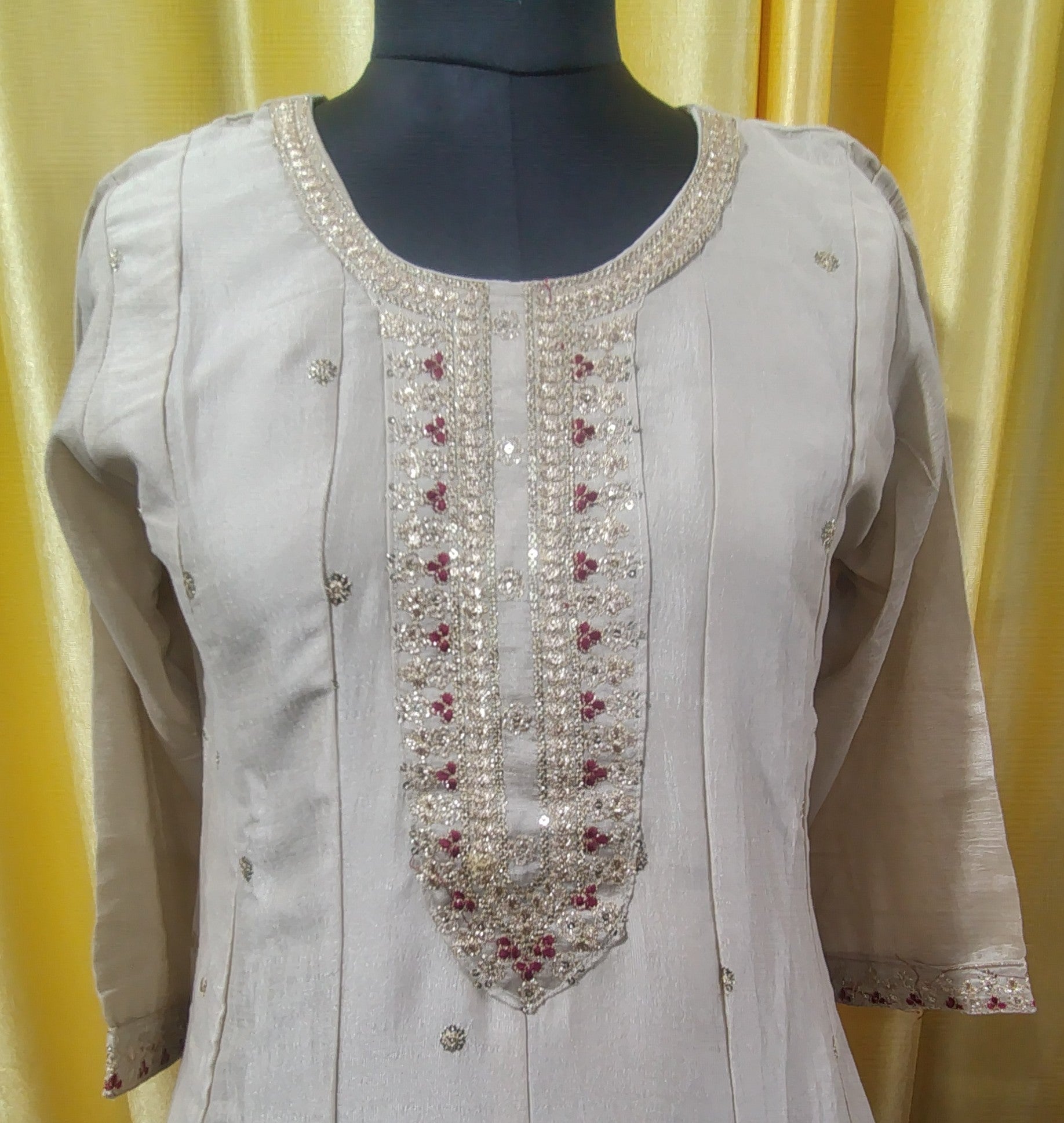 Women Cream A-Line Kurti Set Vichitra Silk with Embroidered Pant & Dupatta Festive Wear | Kushi Creation