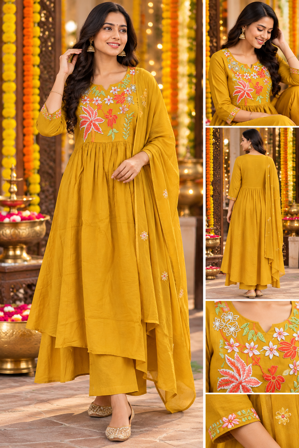 Mustard Yellow A-Line 3-Piece Mul Cotton Kurti Set with Floral Embroidery | Festive & Ethnic Wear