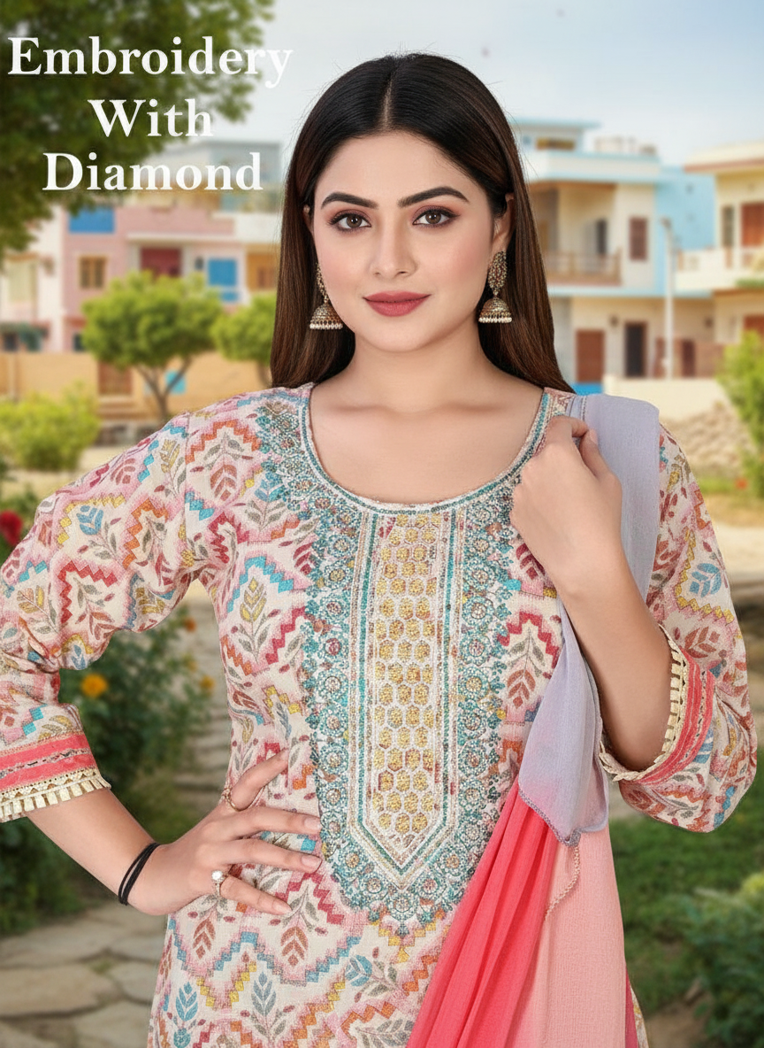 Peach Cotton A-Line Kurta Set with Dupatta & Pants