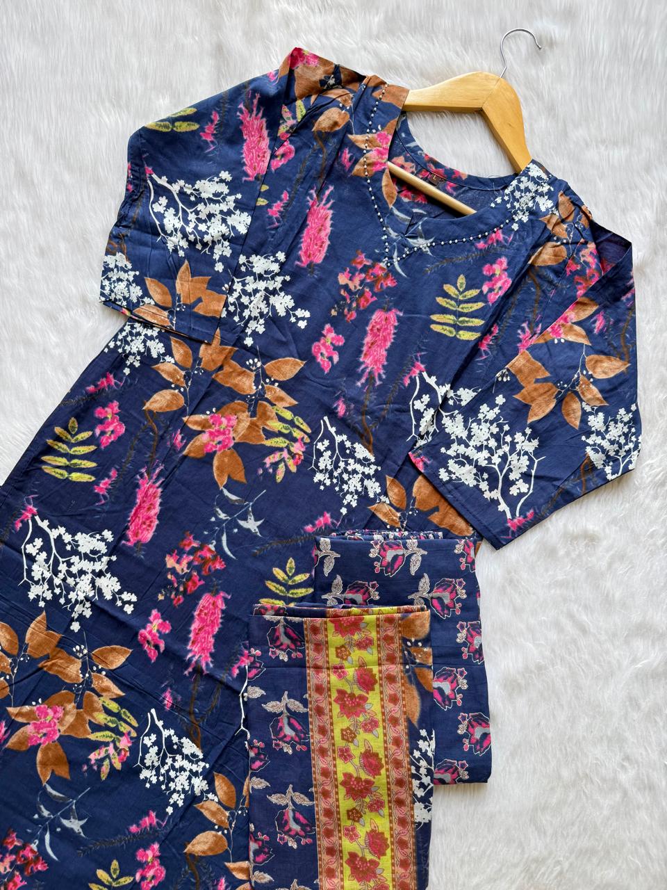 Jaipur Cotton Floral Kurti Set – 3 Piece Office Wear | Kurti, Bottom & Dupatta