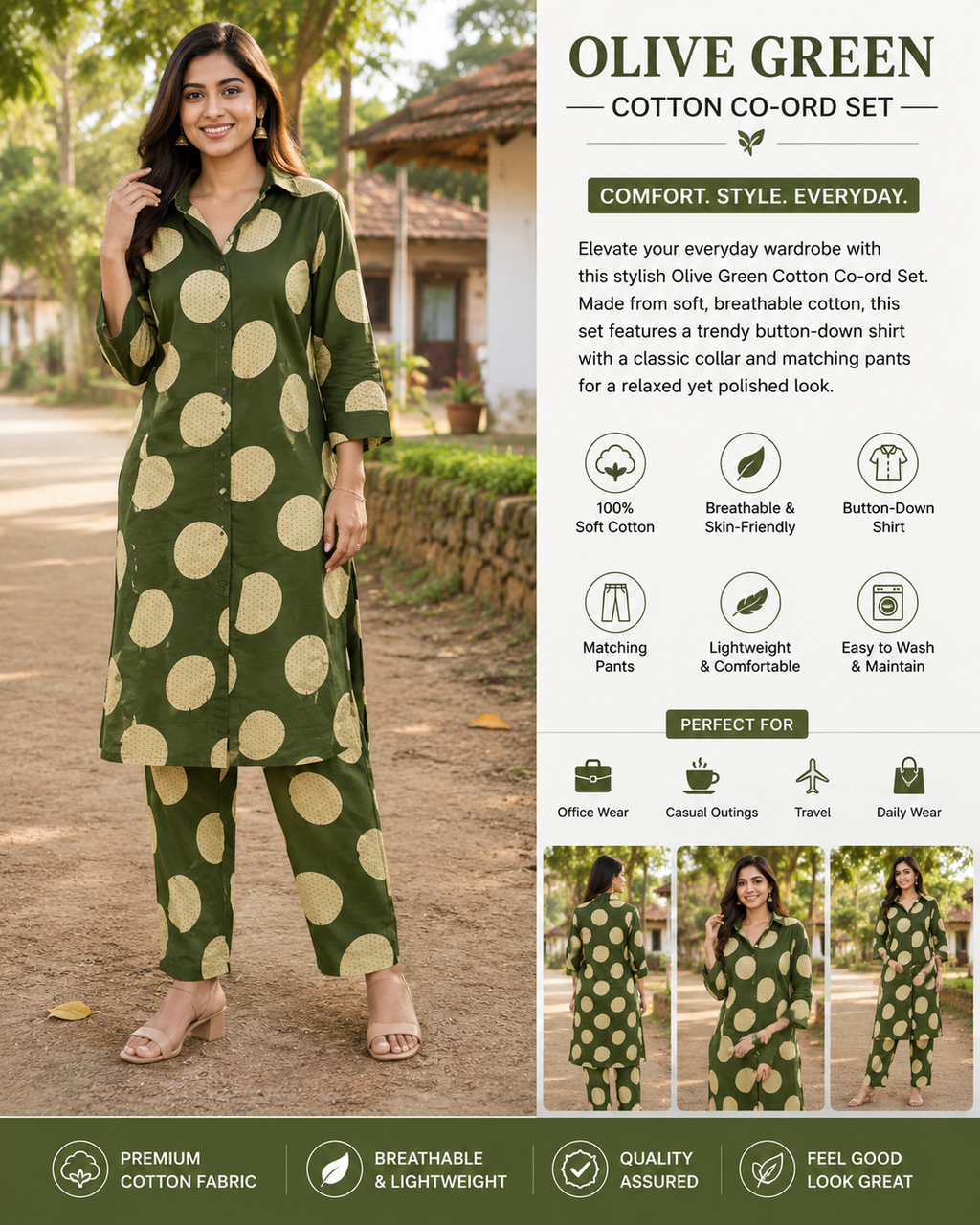 Women's Olive Green Printed Cotton Co-Ord Set | Stylish Button-Down Shirt & Pants | Soft Casual Cotton Outfit