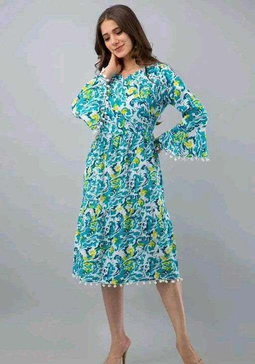 Blue Rayon A-Line Printed Kurti – Elegant Floral Style