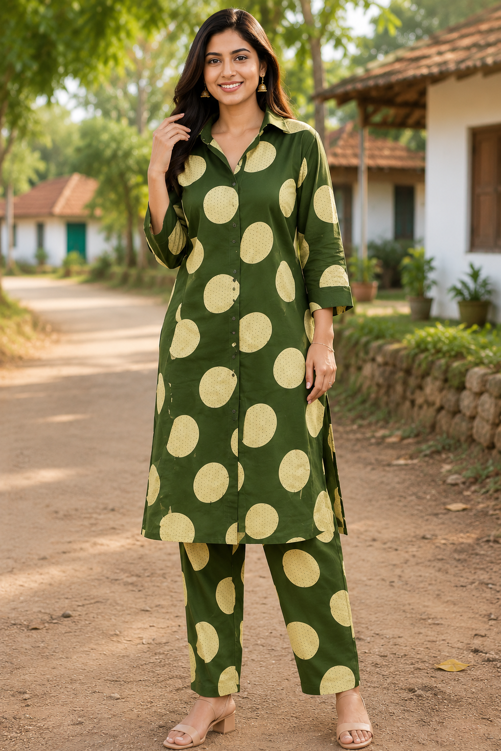 Women's Olive Green Printed Cotton Co-Ord Set | Stylish Button-Down Shirt & Pants | Soft Casual Cotton Outfit