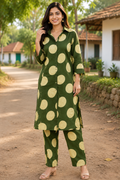 Women's Olive Green Printed Cotton Co-Ord Set | Stylish Button-Down Shirt & Pants | Soft Casual Cotton Outfit