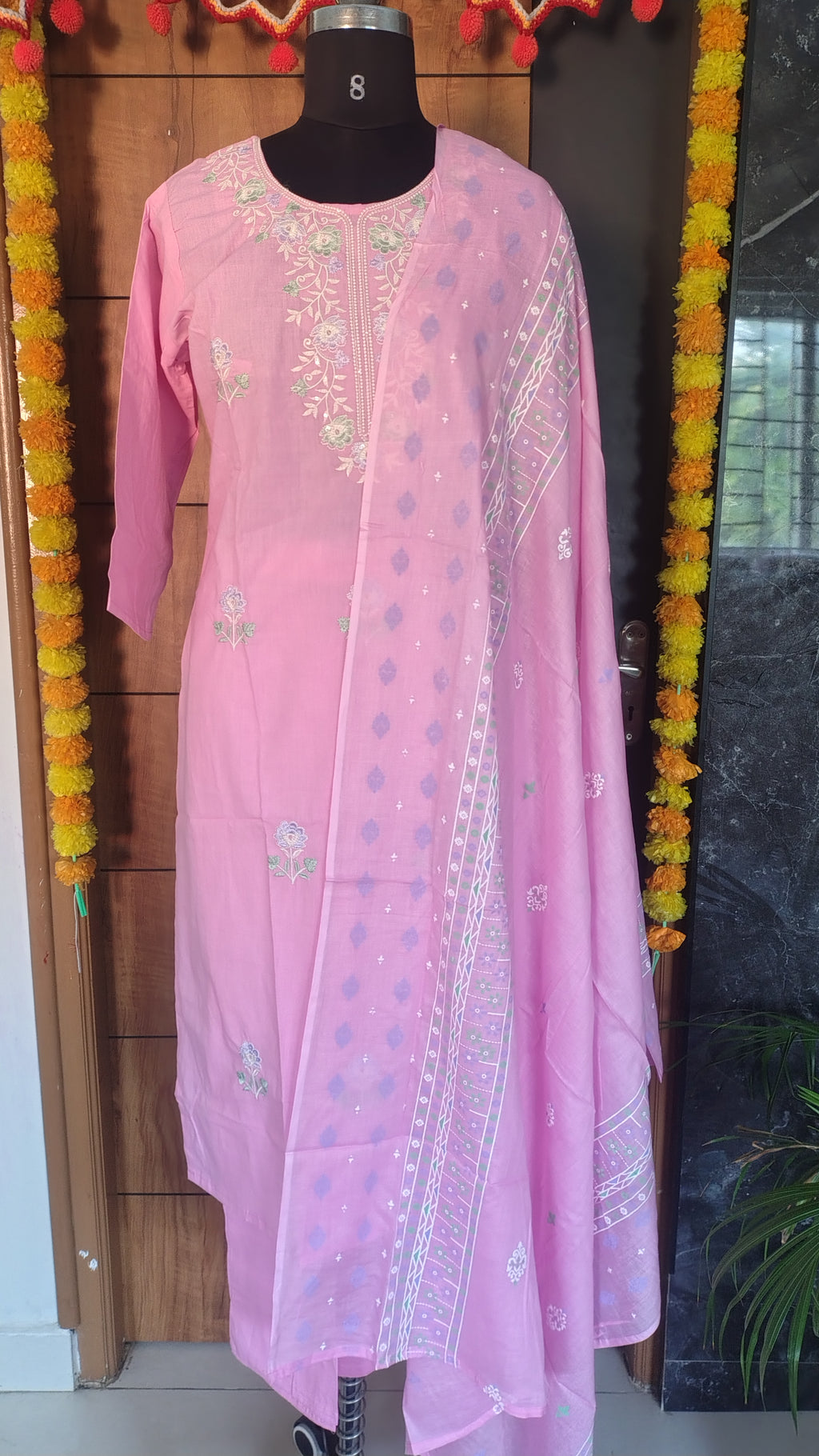Pink Jaipur Cotton Kurti Set with Floral Embroidery & Dupatta | Kushi Creation