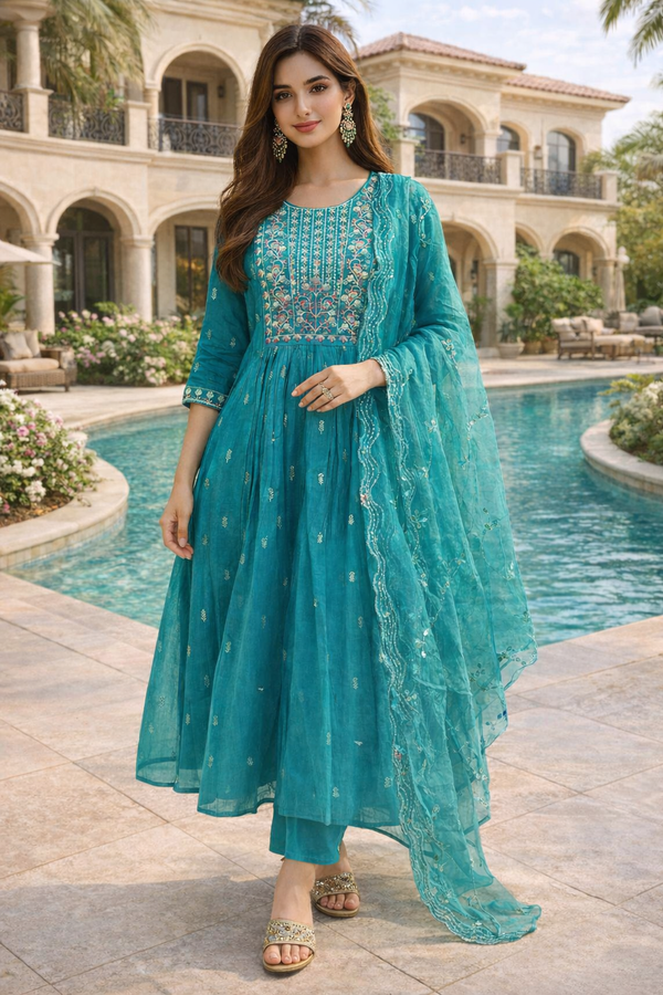 Mull Chanderi 3 Piece Kurti Set for Women with Organza Dupatta – Embroidered Flared Ethnic Wear | Kushi Creation