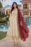 Women Cream A-Line Kurti Set Vichitra Silk with Embroidered Pant & Dupatta Festive Wear | Kushi Creation