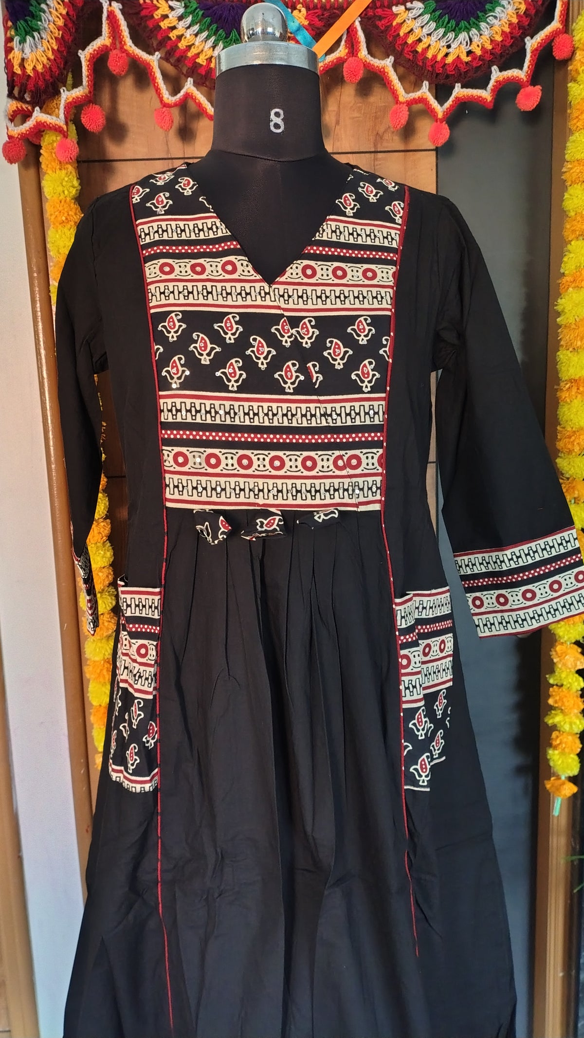 Black Dabhu Cotton A-Line Kurti Set with Printed Dupatta | Kushi Creation