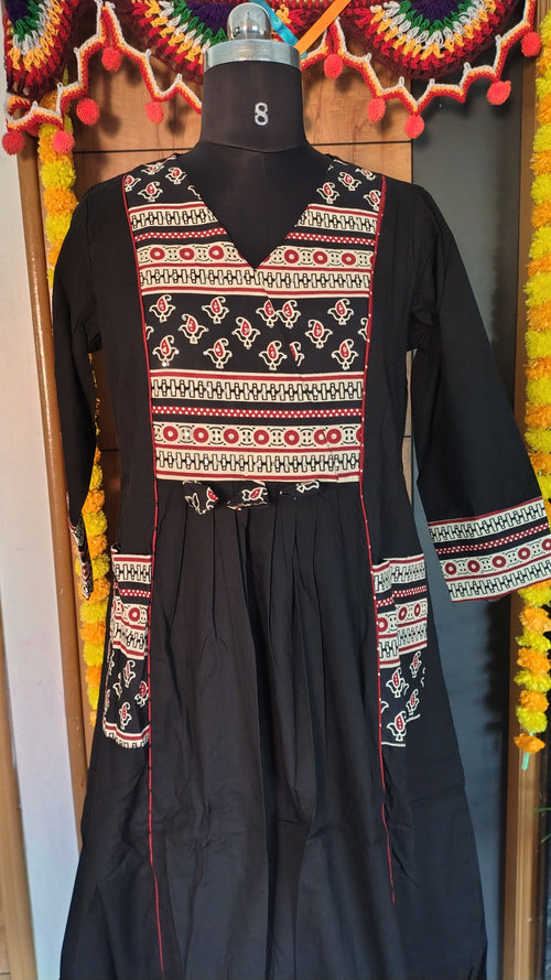 Black Dabhu Cotton A-Line Kurti Set with Printed Dupatta | Kushi Creation