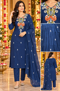 Navy Blue Side Cut 3-Piece Mull Cotton Kurti Set with Embroidery | Kurta, Pant & Dupatta