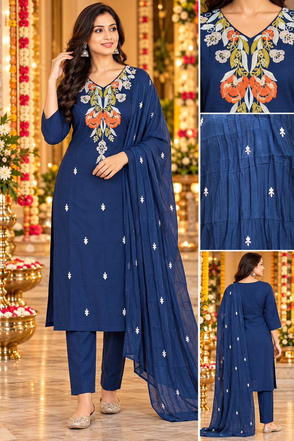 Navy Blue Side Cut 3-Piece Mull Cotton Kurti Set with Embroidery | Kurta, Pant & Dupatta