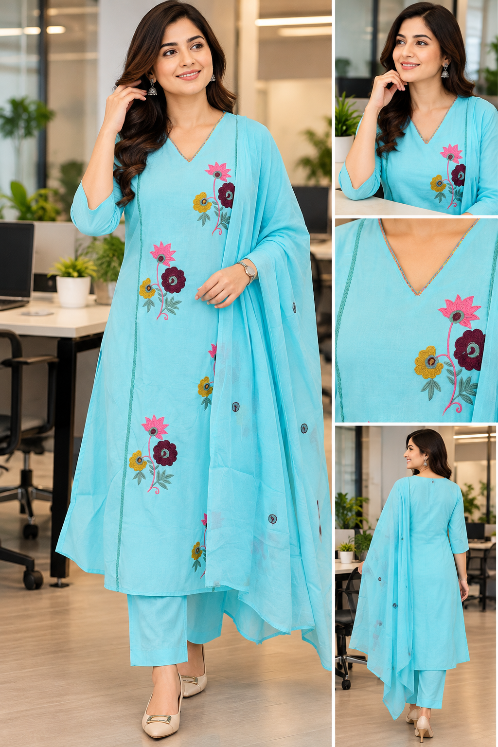 Jaipur Cotton Kurti Set with Floral Embroidery | 3 Piece Cotton Suit Set