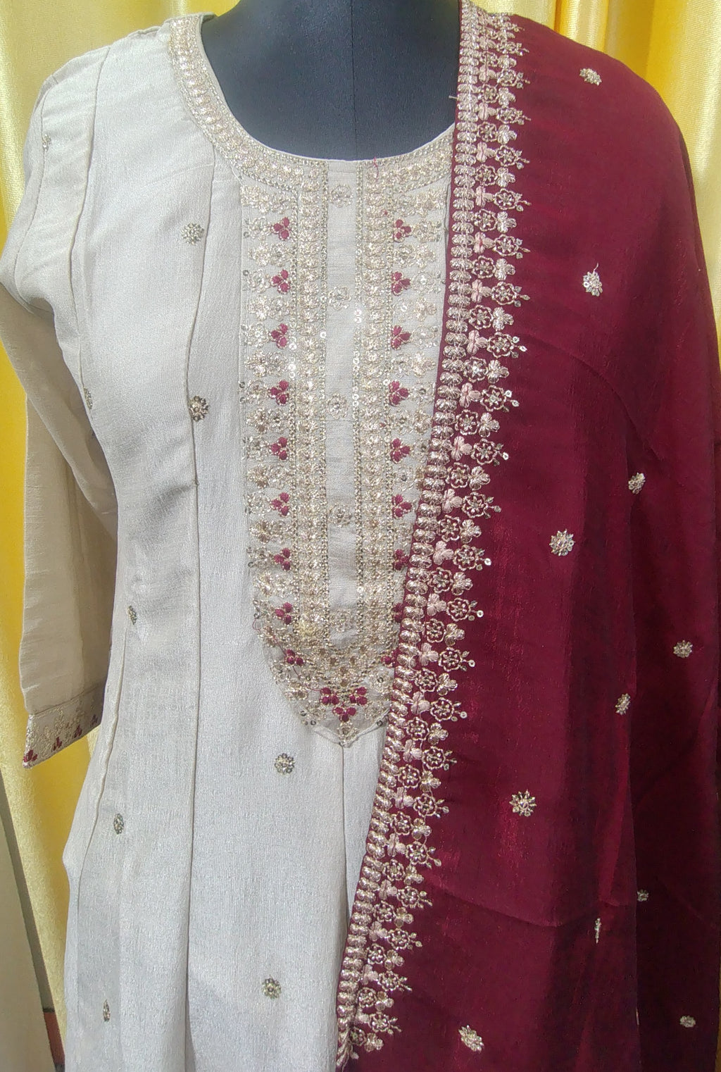 Women Cream A-Line Kurti Set Vichitra Silk with Embroidered Pant & Dupatta Festive Wear | Kushi Creation