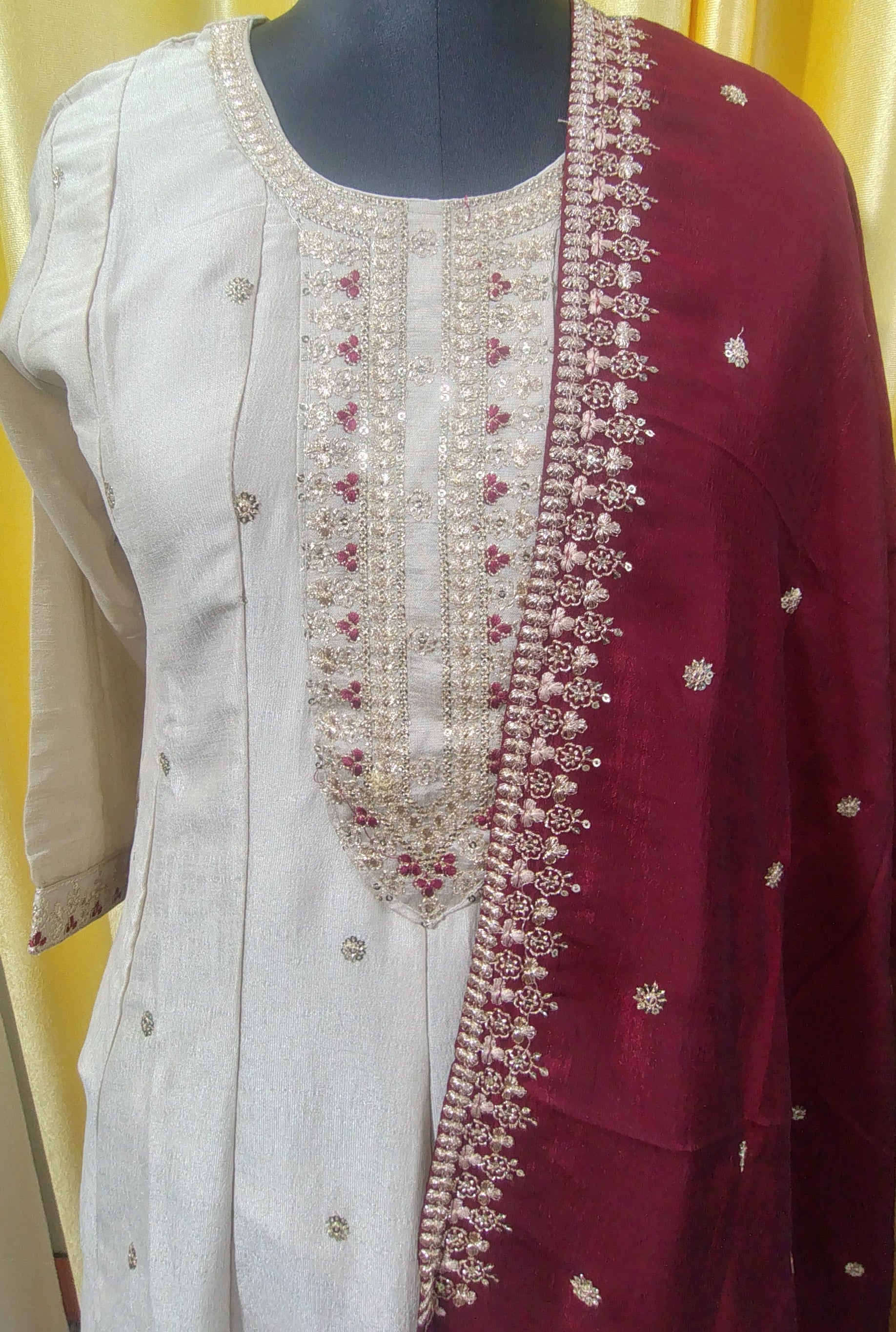 Women Cream A-Line Kurti Set Vichitra Silk with Embroidered Pant & Dupatta Festive Wear | Kushi Creation