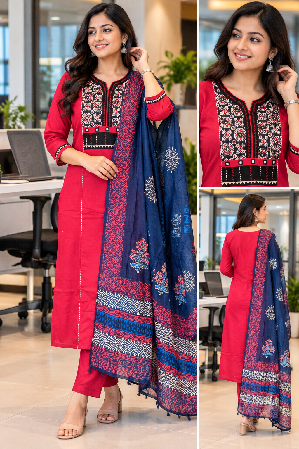Dhabu Cotton C-Cut Kurti Set | Embroidered Cotton Kurta Set for Women