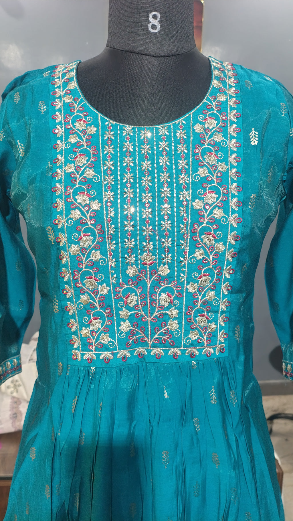 Mull Chanderi 3 Piece Kurti Set for Women with Organza Dupatta – Embroidered Flared Ethnic Wear | Kushi Creation