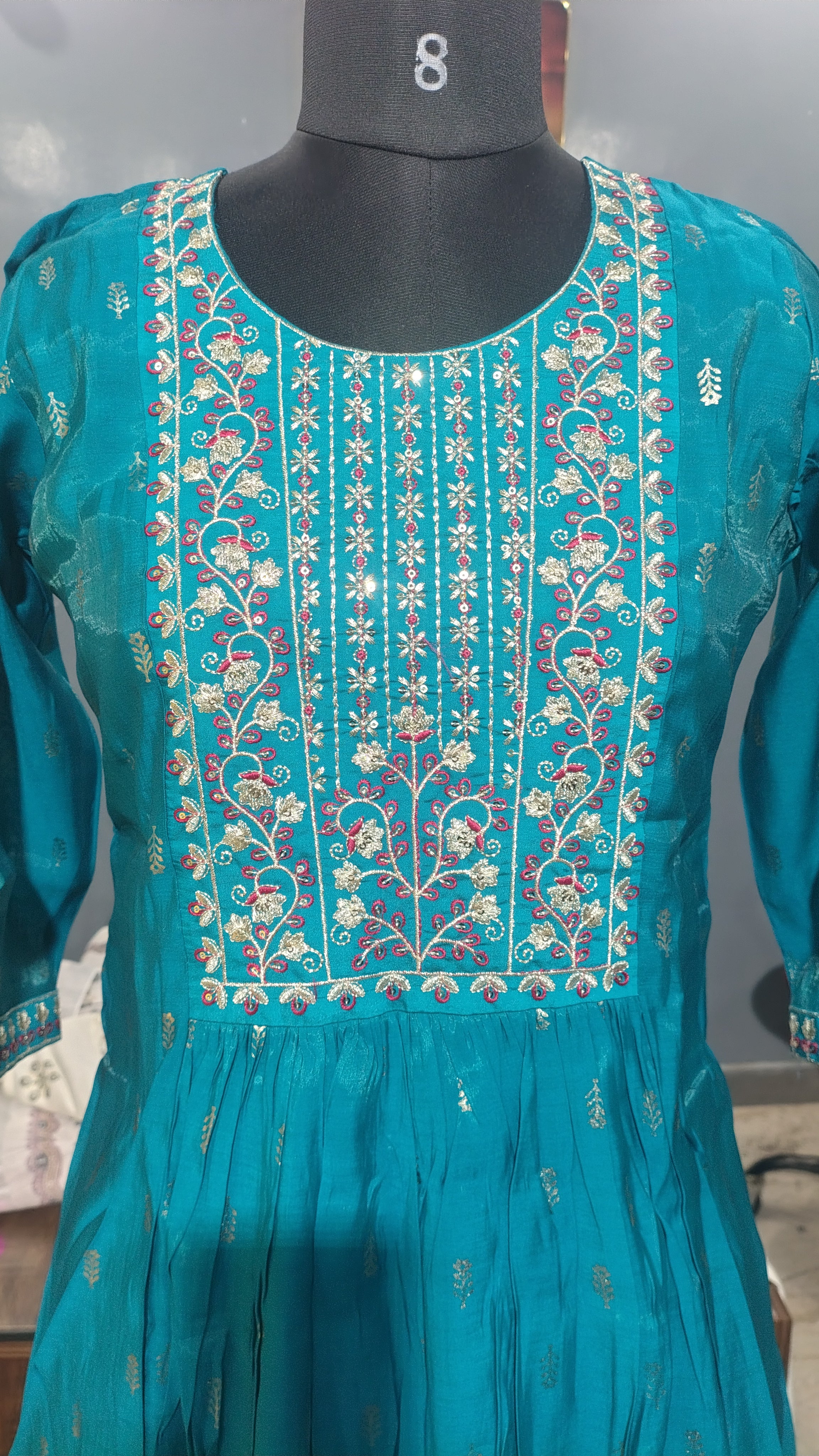 Mull Chanderi 3 Piece Kurti Set for Women with Organza Dupatta – Embroidered Flared Ethnic Wear | Kushi Creation