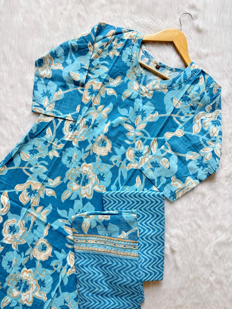 Blue Floral Jaipur Cotton Kurti Set for Women | 3-Piece Printed Kurta Set with Bottom & Dupatta | Office Wear