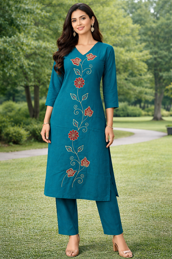 Teal Embroidered Co-ord Set for Women