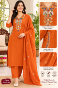Rust Orange Side Cut 3 Piece Jaipuri Cotton Kurti Set with Embroidered Neckline & Dupatta