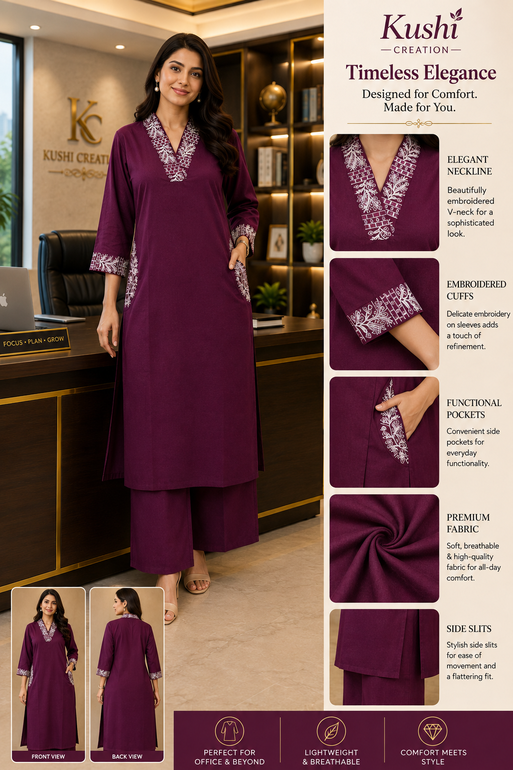 Premium Cotton Embroidered Office Wear Co-Ord Set – Elegant Kurti & Palazzo