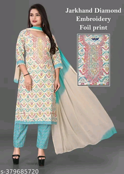 Cotton A-Line Kurta Set with Dupatta & Pants