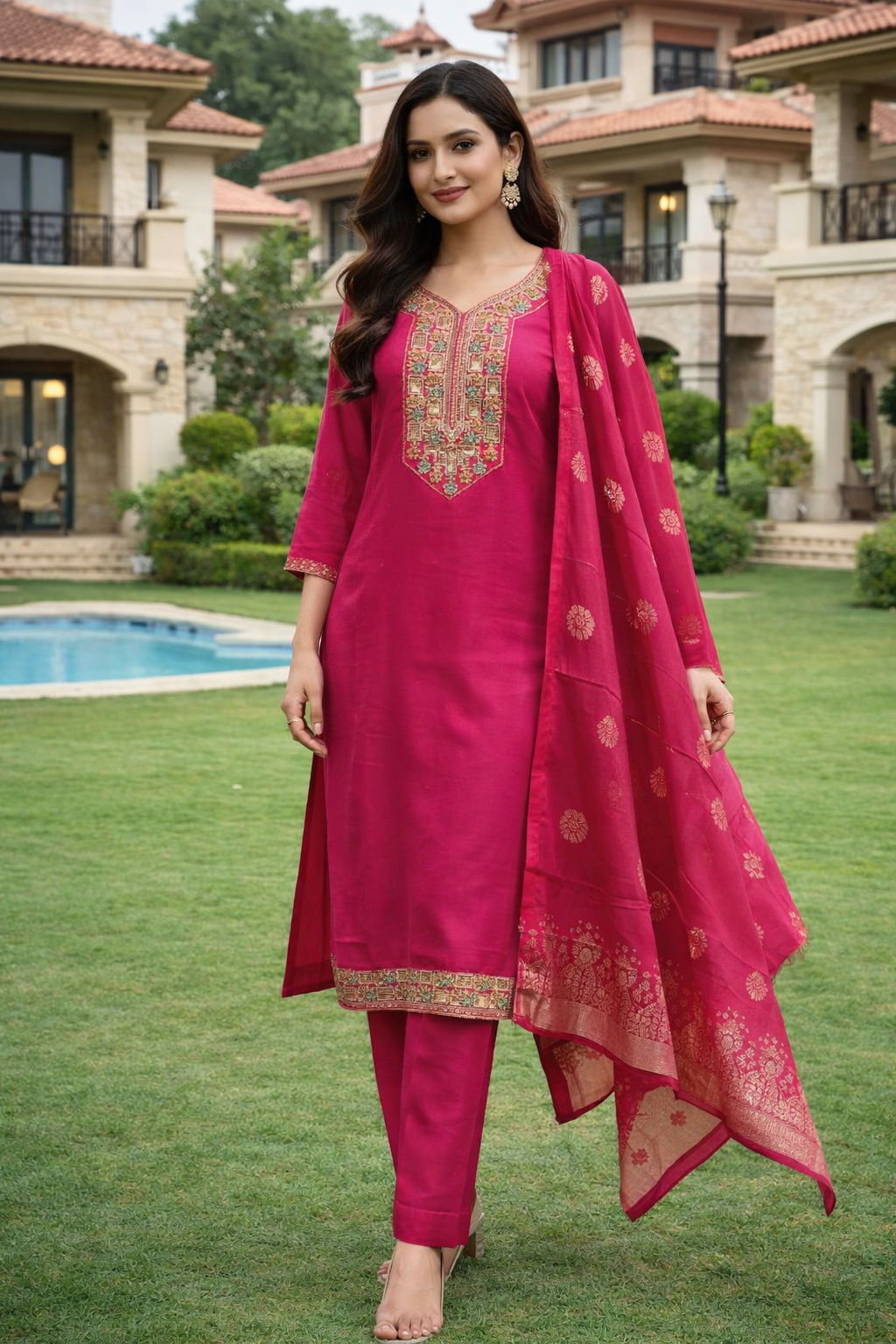 Women’s Vertican Fabric Kurti Set with Heavy Embroidered Yoke – Side Cut Kurti, Straight Pant & Dupatta | Festive Wear