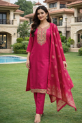 Women’s Vertican Fabric Kurti Set with Heavy Embroidered Yoke – Side Cut Kurti, Straight Pant & Dupatta | Festive Wear