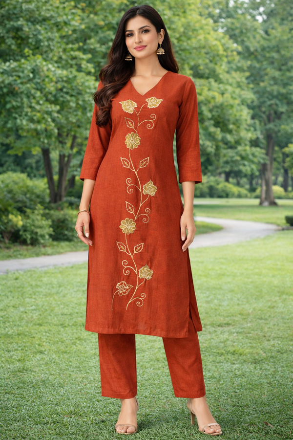 Elegant Rust Embroidered Co-ord Set with Palazzo – Verticon Fabric