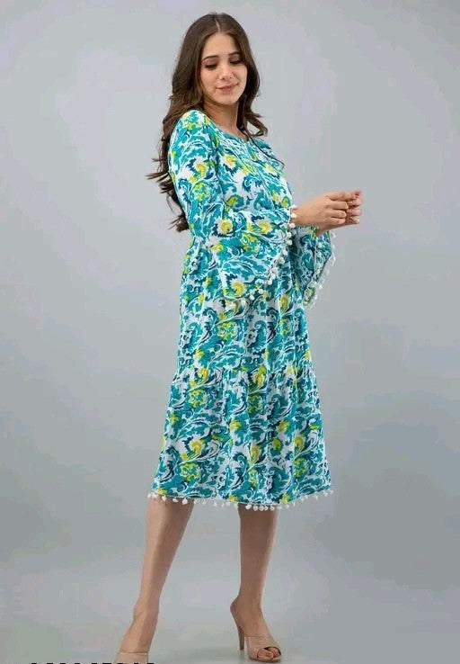 Blue Rayon A-Line Printed Kurti – Elegant Floral Style
