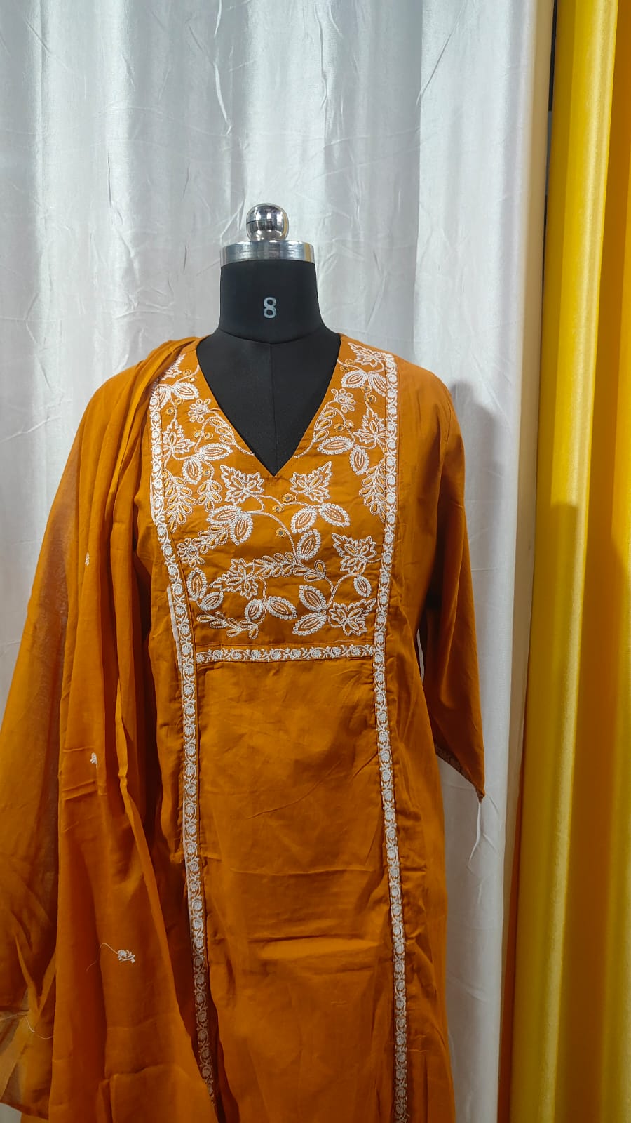 Rust Orange Cotton Embroidered Kurti Set