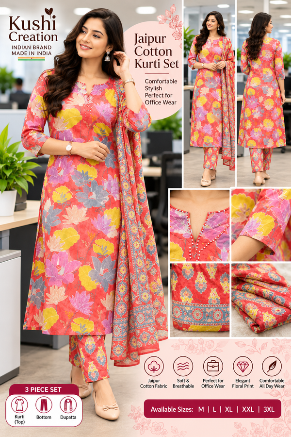 Jaipur Cotton Floral Kurti Set for Women | 3-Piece Printed Kurta Set with Bottom & Dupatta | Office Wear Ethnic Set