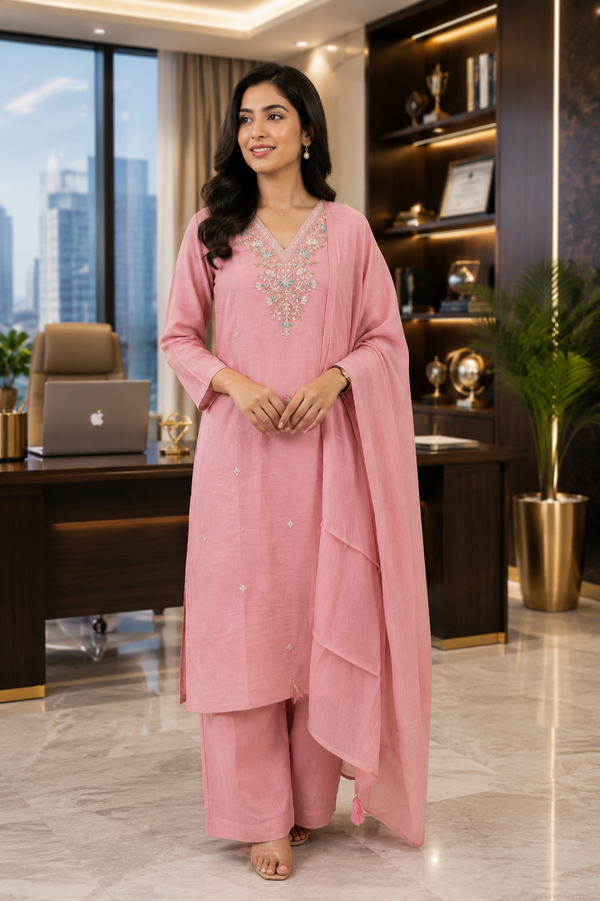 Elegant Mull Chanderi Embroidered 3-Piece Set
