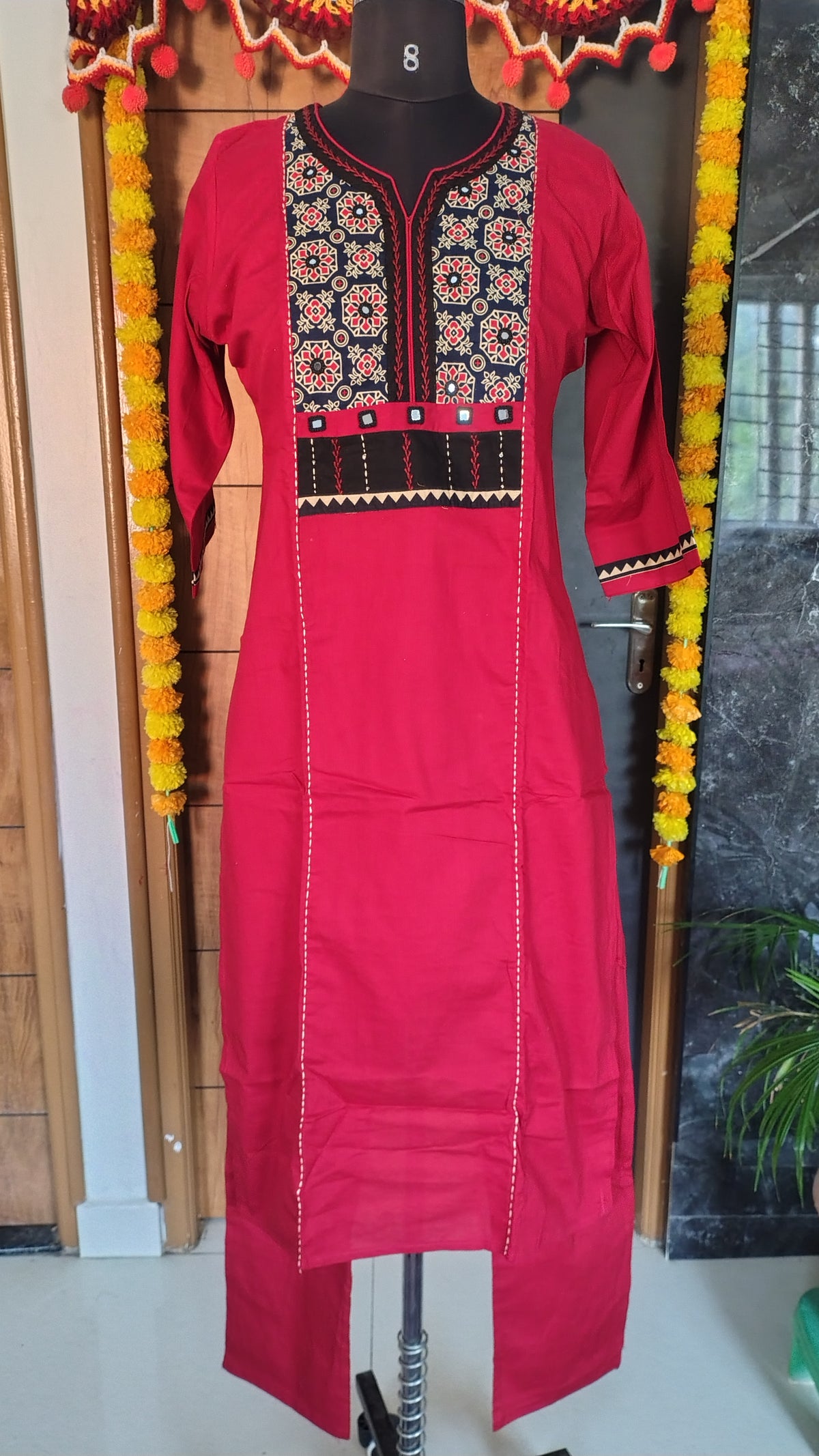 Dhabu Cotton C-Cut Kurti Set | Embroidered Cotton Kurta Set for Women