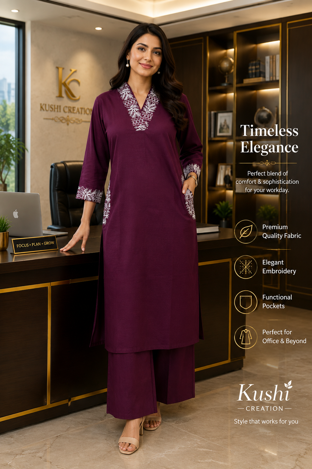 Premium Cotton Embroidered Office Wear Co-Ord Set – Elegant Kurti & Palazzo