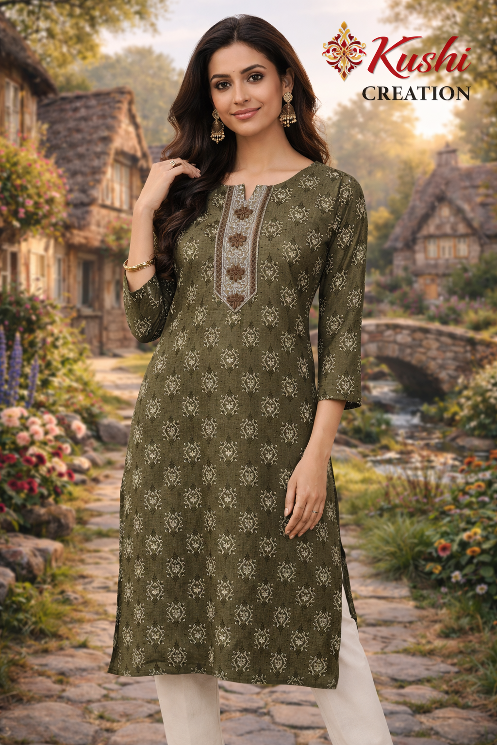 Rayan Fabric Kurti for Women Olive Green – Soft & Comfortable Casual Wear | Kushi Creation