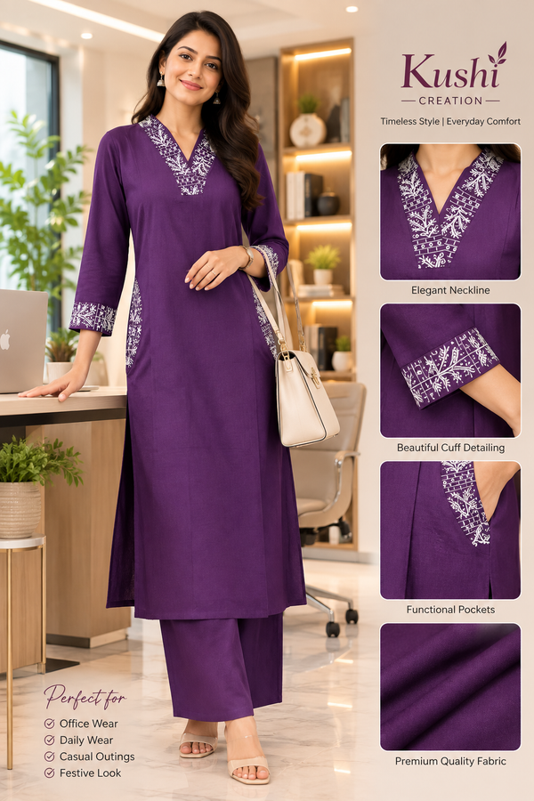 Premium Cotton Embroidered Office Wear Co-Ord Set – Elegant Kurti & Palazzo