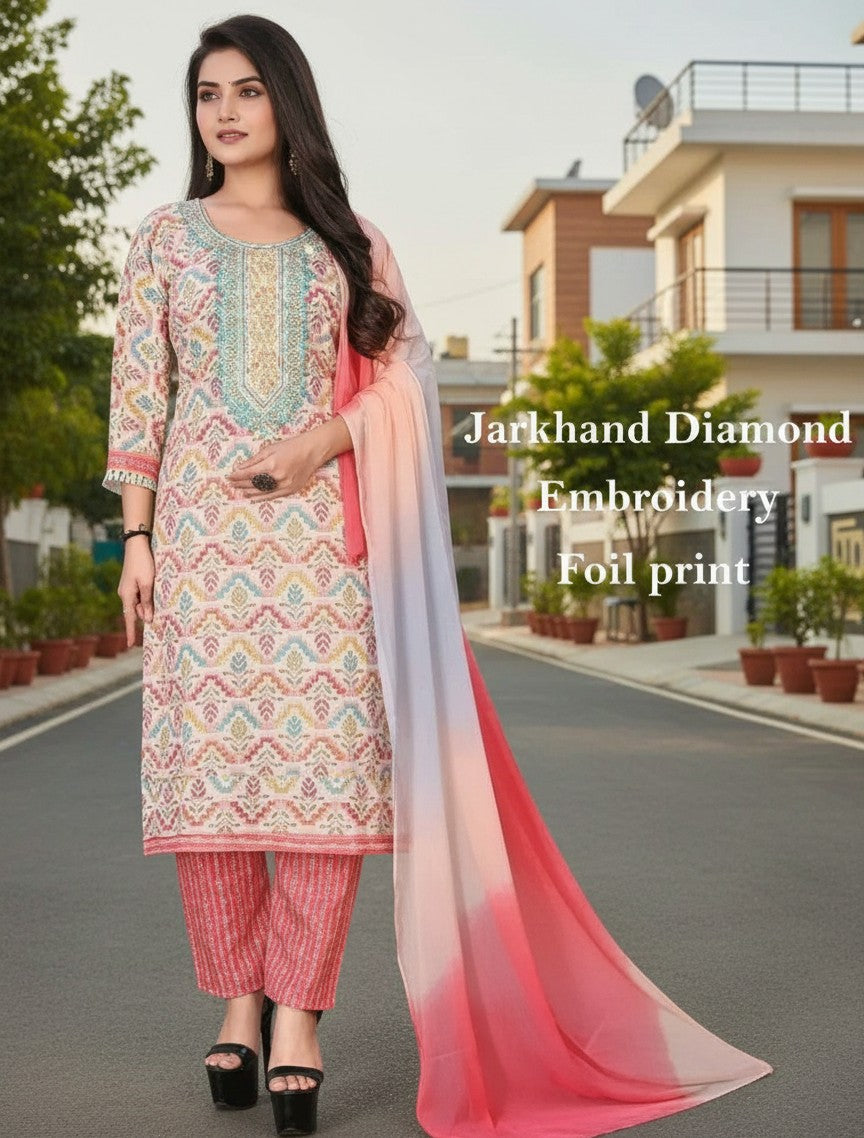 Peach Cotton A-Line Kurta Set with Dupatta & Pants