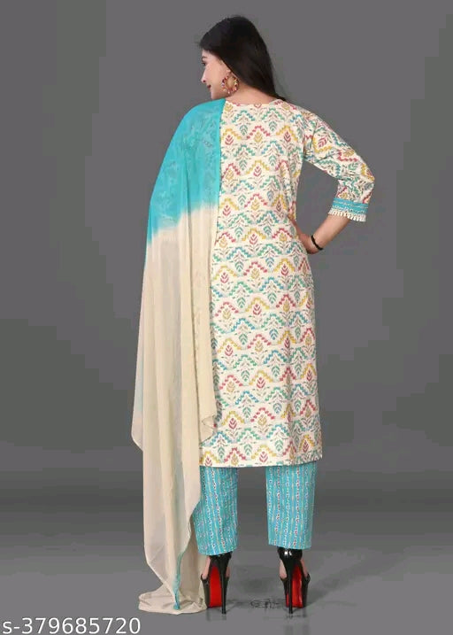 Cotton A-Line Kurta Set with Dupatta & Pants