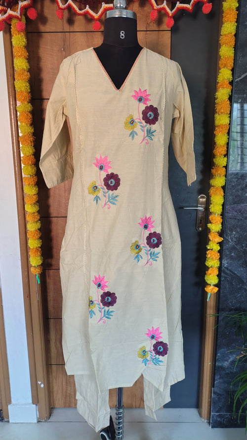 Beige Jaipur Cotton Kurti Set with Floral Embroidery | Kushi Creation