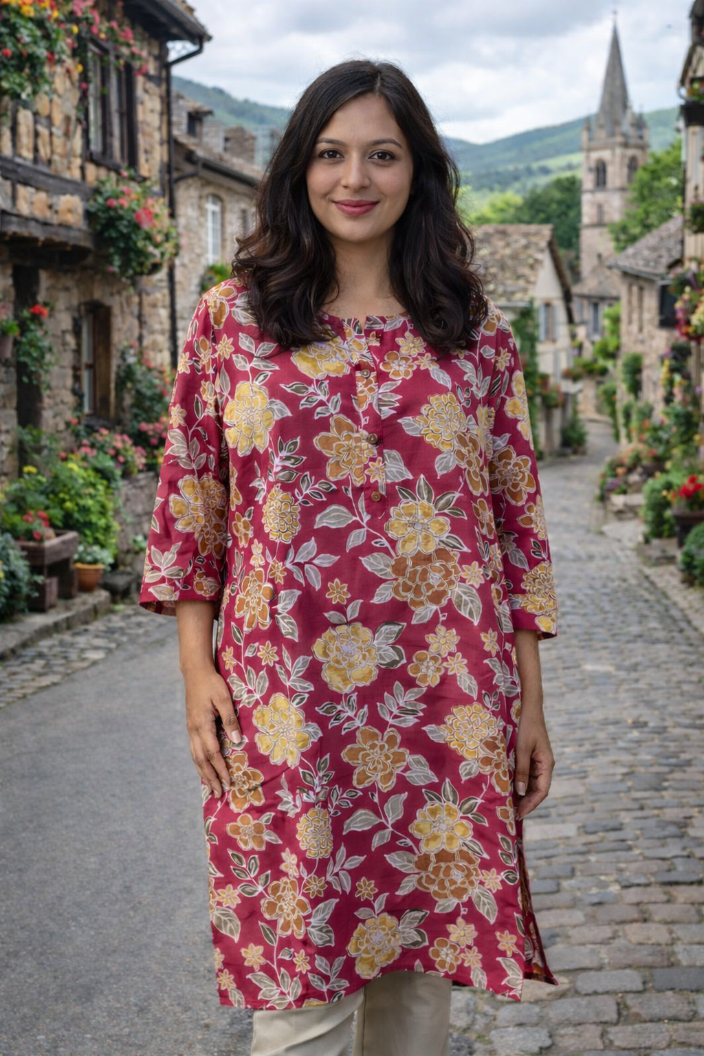 Women’s Floral Printed Cotton Straight Top with Side Pocket