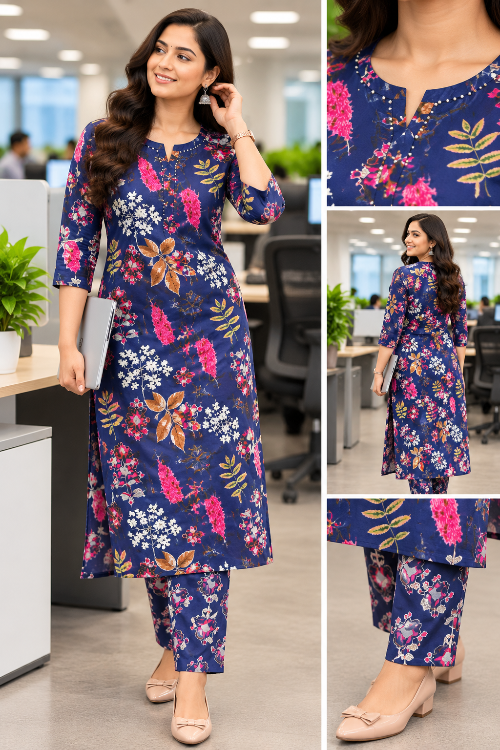 Jaipur Cotton Floral Kurti Set – 3 Piece Office Wear | Kurti, Bottom & Dupatta