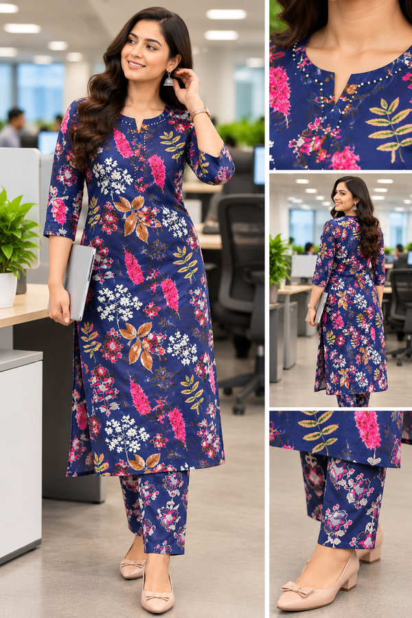 Jaipur Cotton Floral Kurti Set – 3 Piece Office Wear | Kurti, Bottom & Dupatta