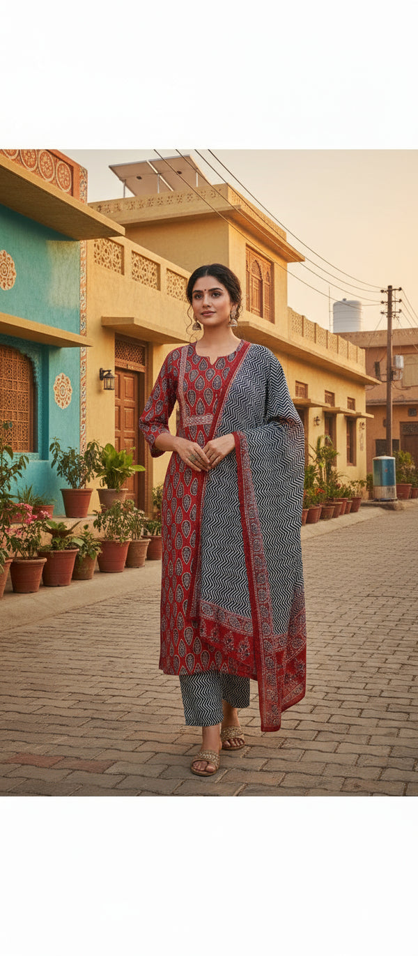 Red patterned dress with a black and white skirt on a mannequin and hanger against a white background.